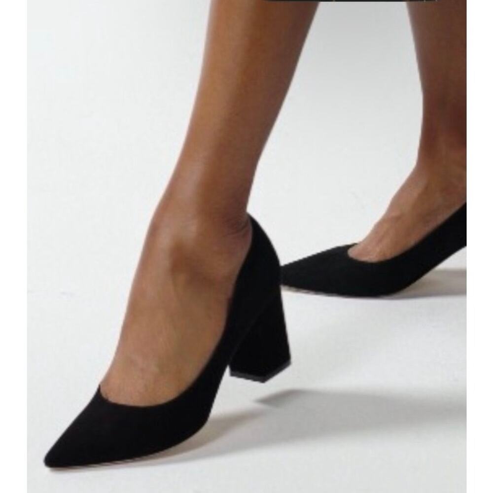 MARC FISHER LTD Zala Black Suede Classic Pointed Toe Medium Block Heel Pumps